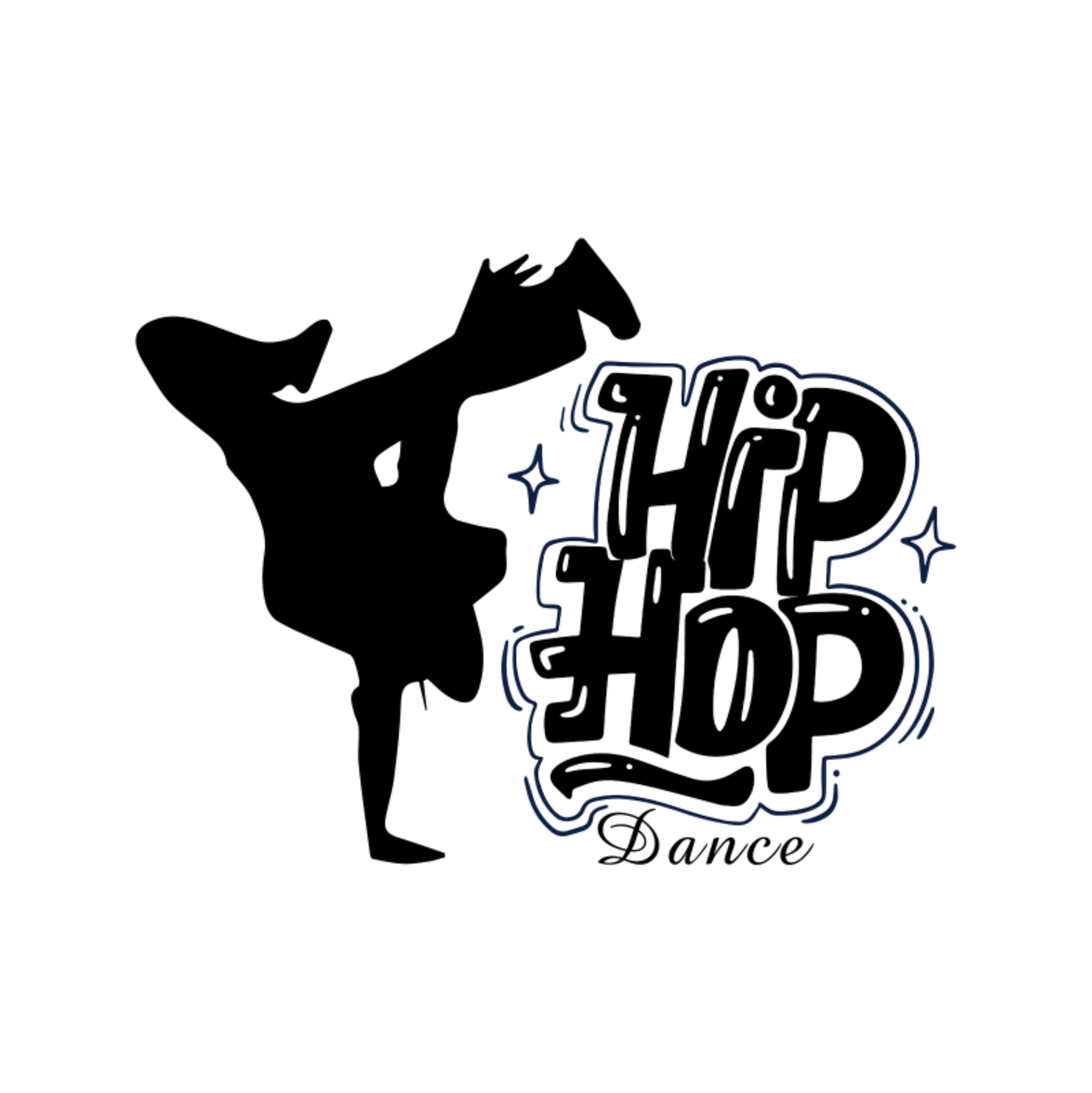 Text reads "Hip Hop Dance" and a black silhouette of someone standing on one arm