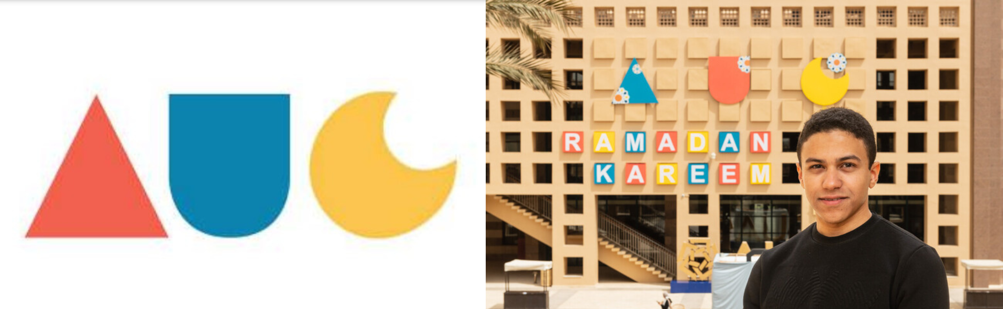 Omar Basyouny smiles in front of the AUC library facade with a photo of his original design shown next to him. The designs show the AUC logo with the "C" as a crescent. 