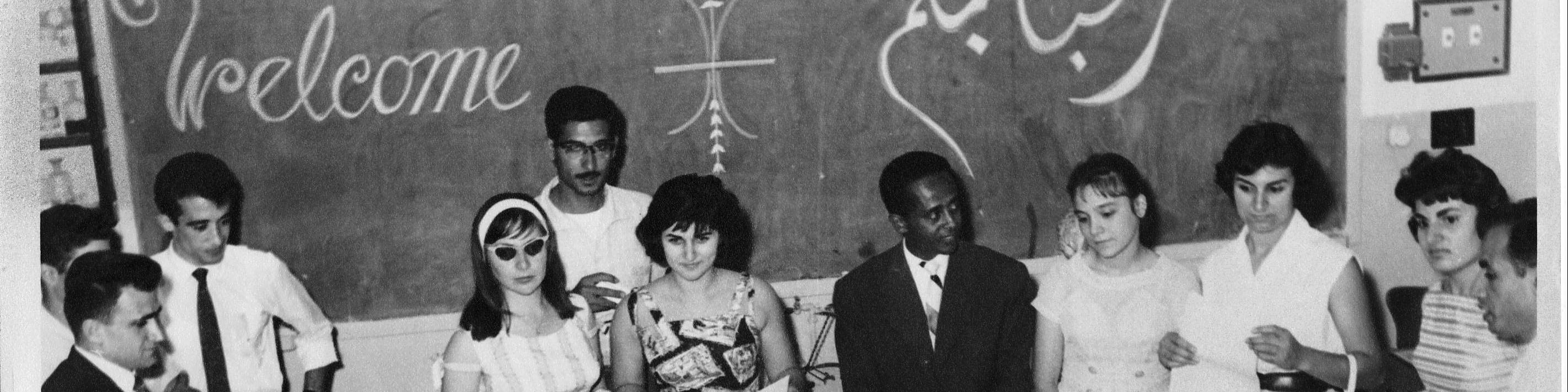 Black and white photo of students in class