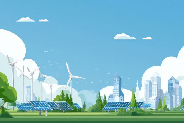 An image of a eco-friendly city with windmills on a grassy landscape