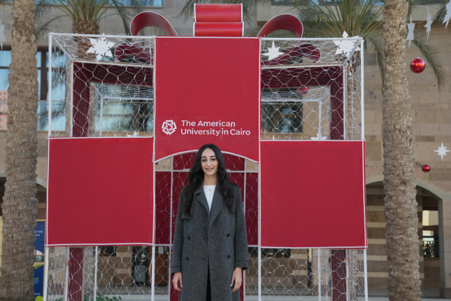 Monica Magdy stands in front of a wire gift box