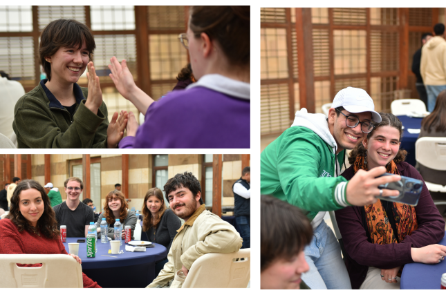 Students play a game; students pose for a selfie while seated; students pose for a photo