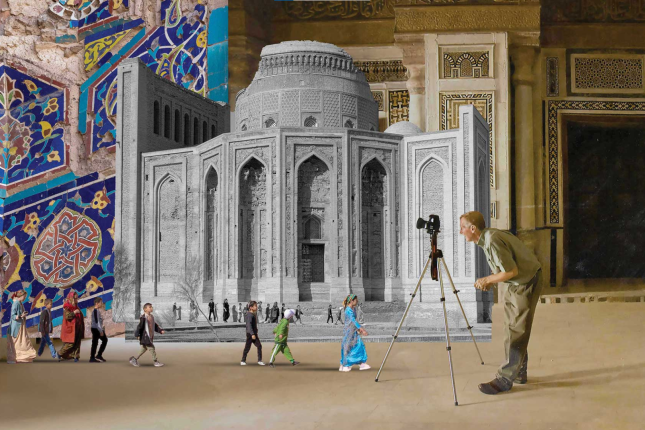 Bernard O'Kane taking a photo of tiles, with the monuments collaged onto the image