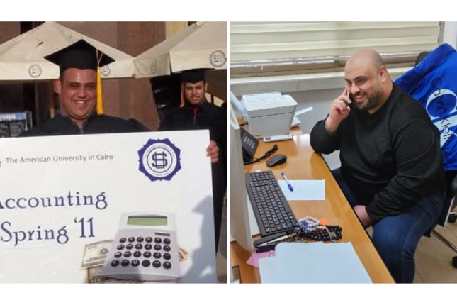 Mohammed Abuzaid at AUC graduation holding a large placard which reads "Accounting Spring '11"; another image of Mohammed Abuzaid at his desk