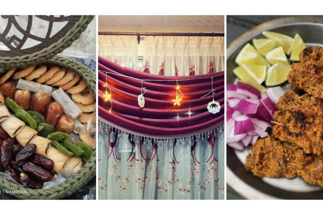 A bowl of sweets; a curtain with lights in the shapes of stars and crescents; onions, lime and kabobs of meat