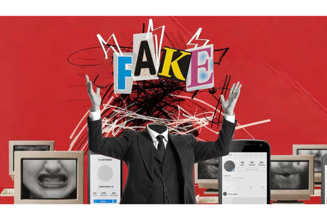 a surrealist image of phones with the word "fake"