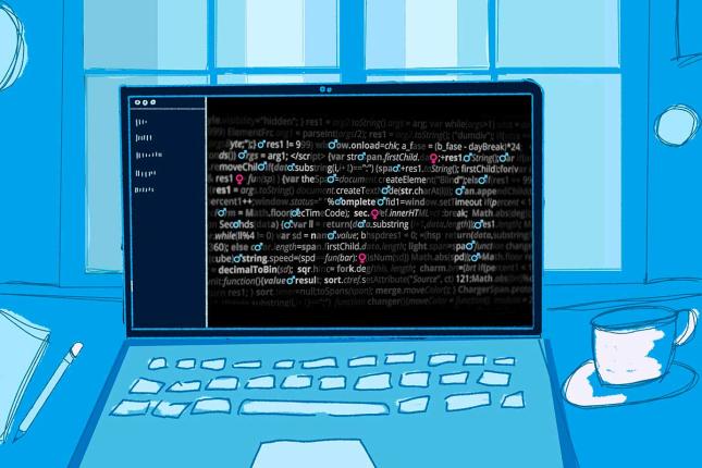 A coding environment is open on a laptop featuring male and female signs in the lines of code