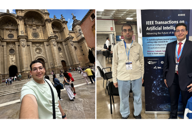 a collage of students exploring Spain and at the conference 