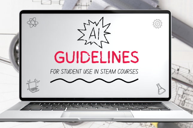 A graphic of a laptop that reads: AI Guidelines: For Student Use in STEAM courses