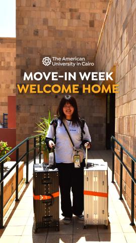 Move-In Week, Welcome Home, a female student holding her luggage