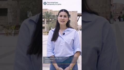 A female student standing, text reads " Fatema Lotfy '23, Graphic Design, Sanad"