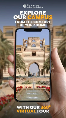 A hand holding a mobile phone with a picture of a building, text reads "Explore Our Campus from the Comfort of Your Home with our 360 Virtual Tour"