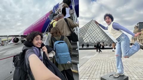 Female standing at the bottom of plane stairs in one photo and standing next to a glass pyramid in the second photo