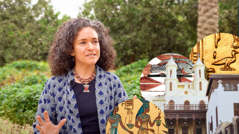 Woman stands in a green garden with a collage of different historical art and architecture