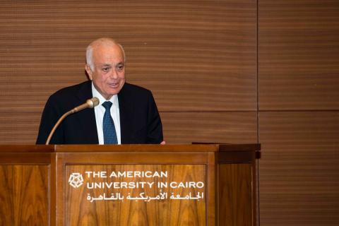 AUC Advisory Trustee Nabil Elaraby standing in front of <a href=