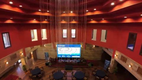 The inside of a big hall from above