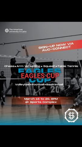 Males playing basketball. Text: Eagles Cup