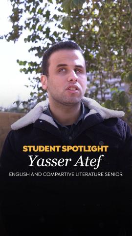 A male is standing. Text: Student Spotlight Yasser Atef. English And Comparative Literature Senior