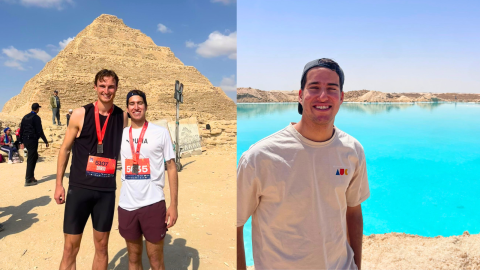 Two images in a collage: First, Allan Feldman stands alongside another student wearing numbers around their neck at a race or marathon (running event) with a Saqqara pyramid in the background; Allan Feldman smiles in an AUC-branded t-shirt in the sun, in front of a turquoise blue salt lake