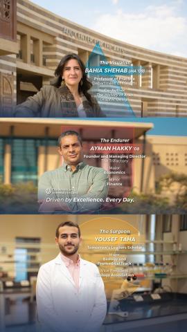 Three images above each other of one female and two males