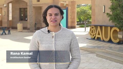 A female is standing. Text: Rana Kamal Architecture Senior