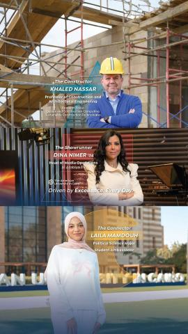 A male and two females are smiling and standing outdoors in different settings