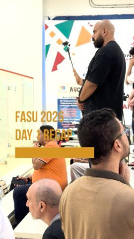 People standing randomly. Text: FASU Day 1 Recap