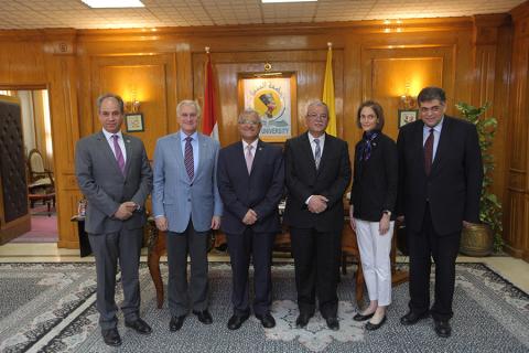 Ehab Abdel-Rahma, AUC provost; Francis Ricciardone, AUC president, Gamal El Din Aboul Magd, Minia University President; Essam El Bedewy, governor of Minia; Sherry F. Carlin, director of USAID Egypt; and Ashraf Hatem, AUC counselor at Minia University