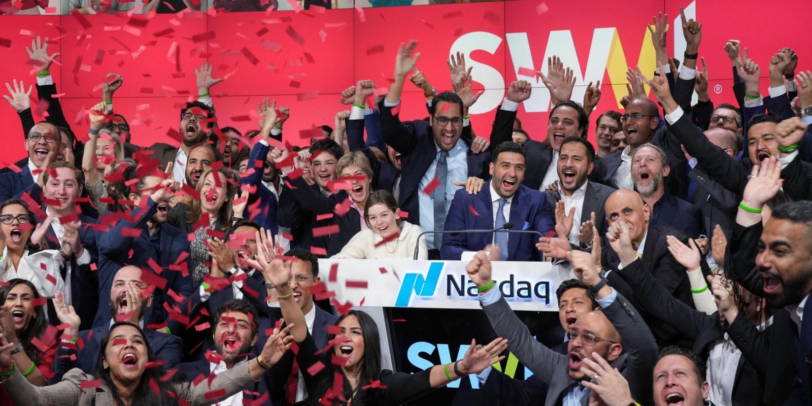 Kandil and co-founders ring the Nasdaq Opening Bell on the day of Swvl's debut
