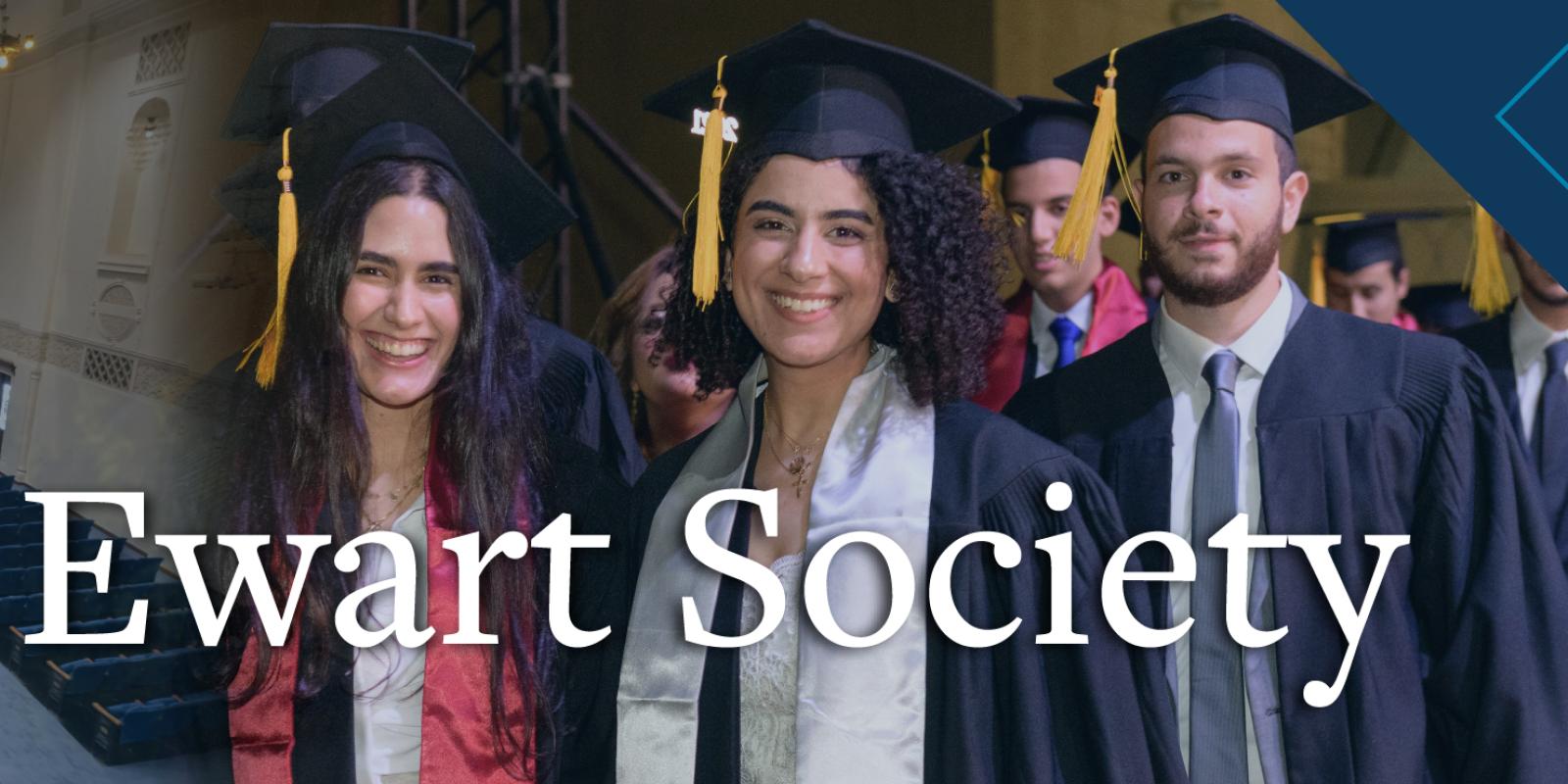 A collage of graduating students and Ewart Hall stage
