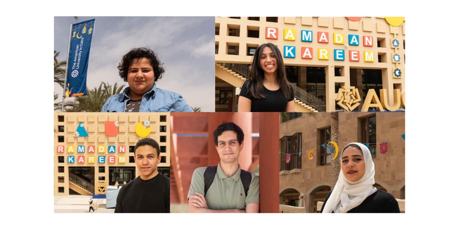 A collage of four students standing next to their Ramadan designs on campus. In the top right, a female student stands next to her banner design, on the top left, a girl smiles in front of the library facade with her AUC and Ramadan Kareem signs on the front. On the bottom left, a male student stands next to his library with his AUC design with the "C" as a crescent. On the bottom right, a female student stands next to her geometric designs strung between the trees. In the center bottom a male student.