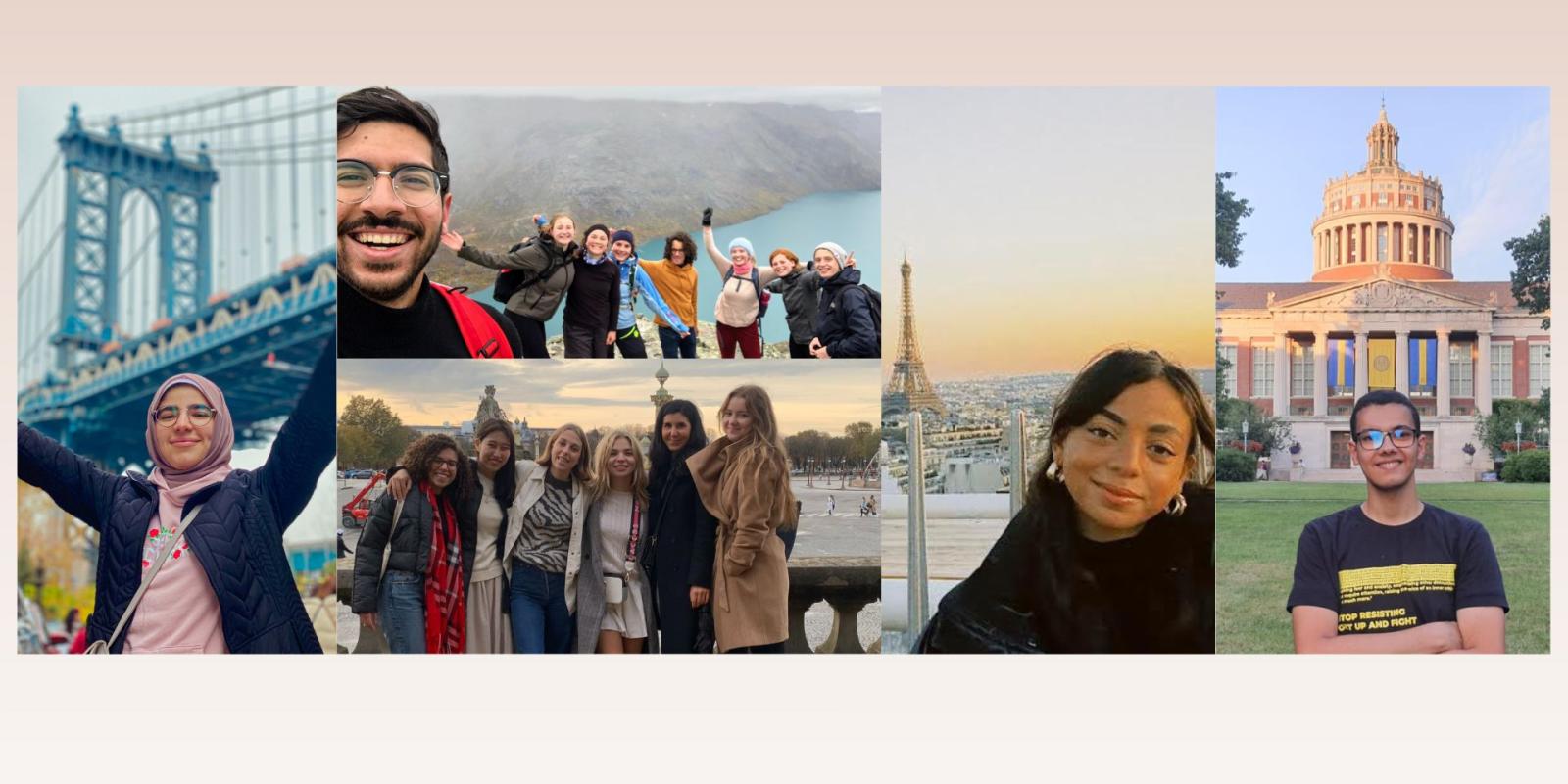 A collage of photos featuring AUC students studying abroad. On the left, a young woman poses in front of the Eiffel tower. In the center top, a young man take a selfie with his friends on a cliff in Norway. On the bottom center, a young woman poses with her friends in France. On the right, a young woman poses with her hands lifted in front of a bridge in the U.S.