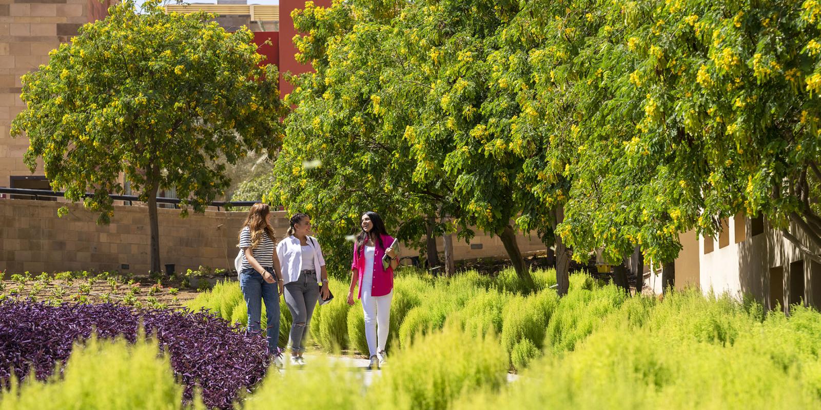 Three female students walking and talking in the garden.