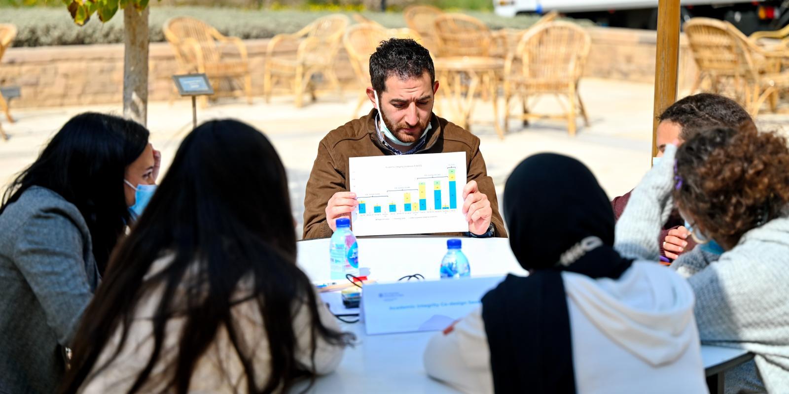 Professor holding up a paper explaining to students in an outdoor setting