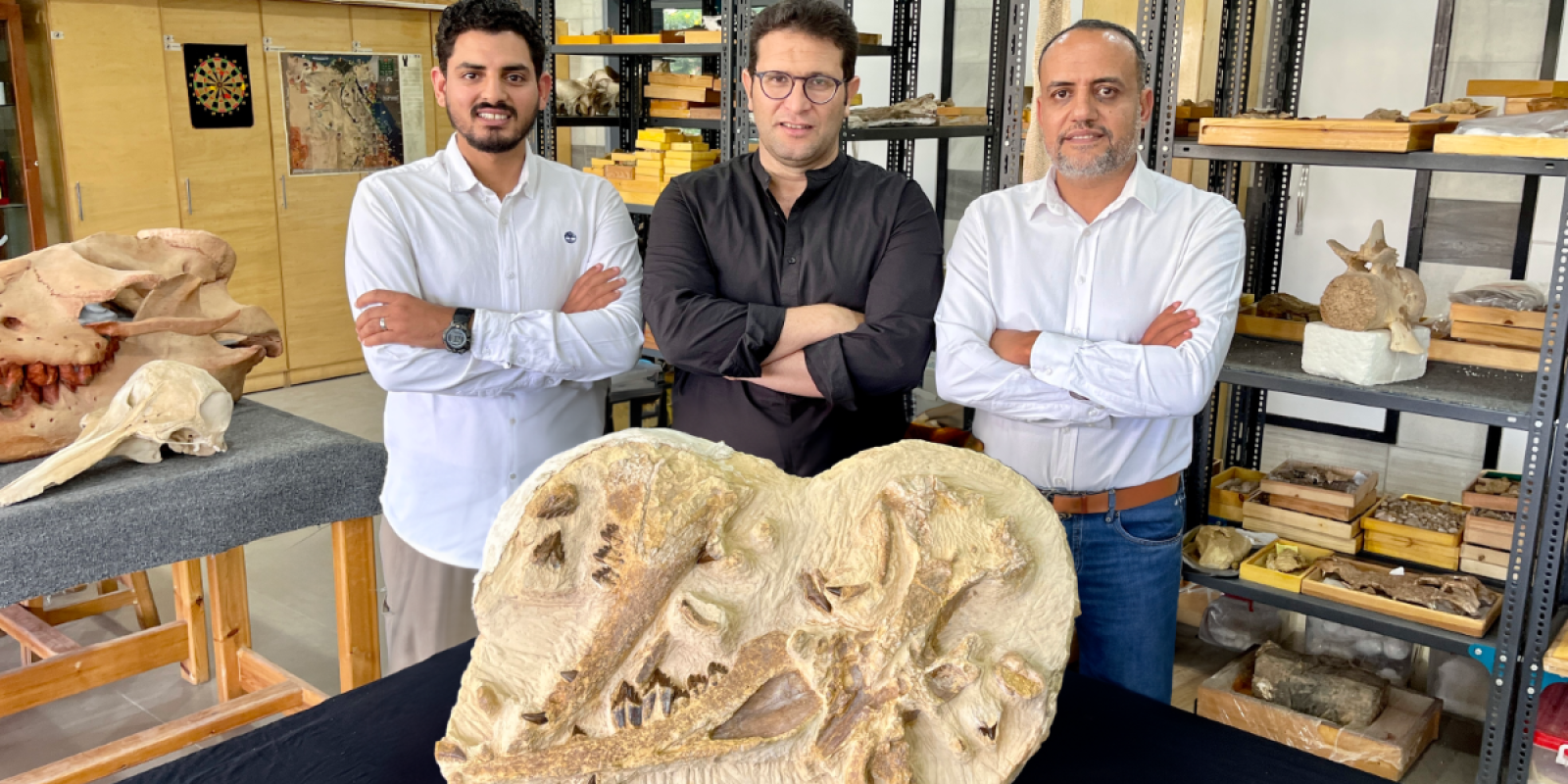 three men stand behind a large fossil in a lab