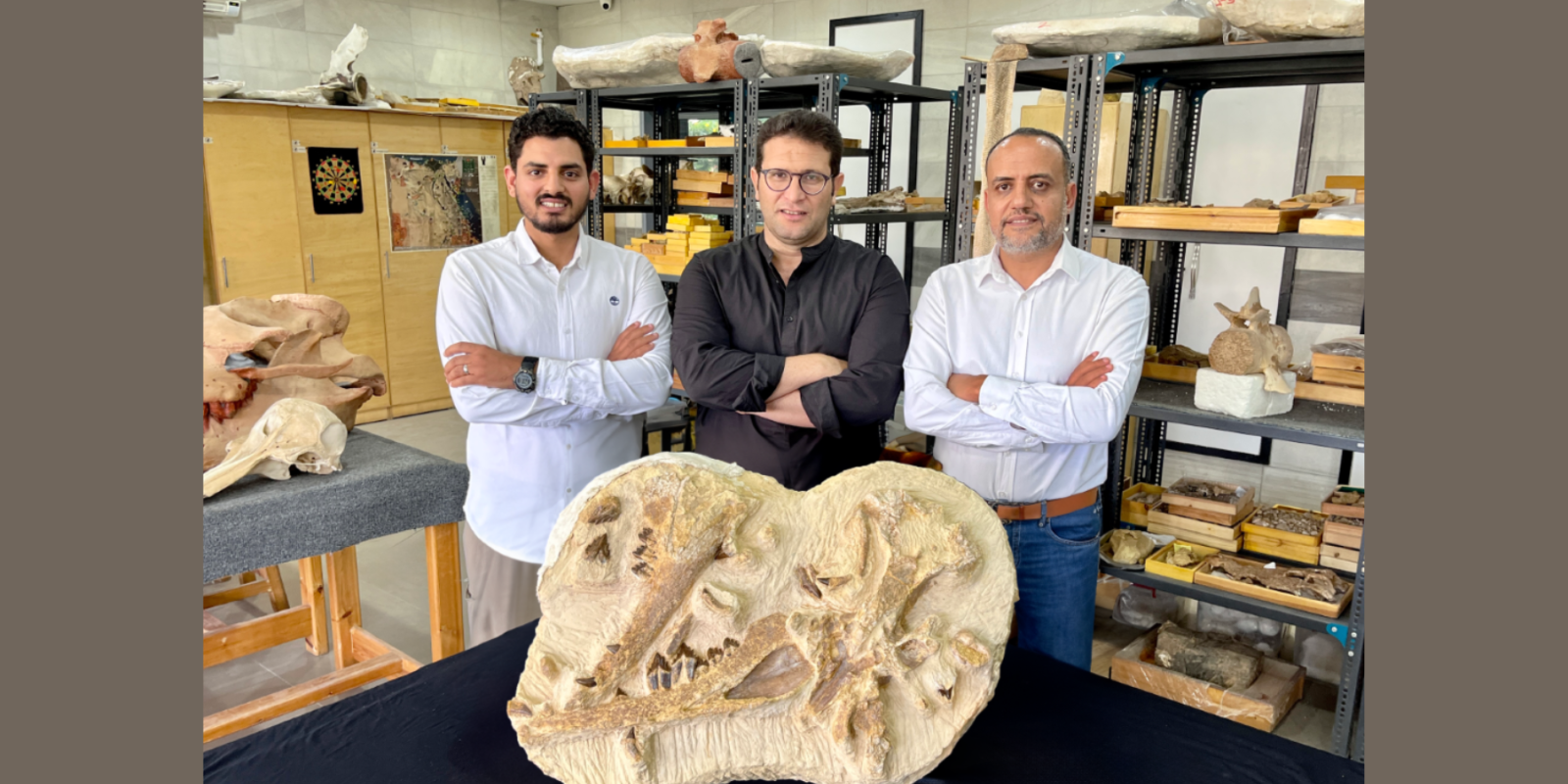 three men stand behind a large fossil in a lab