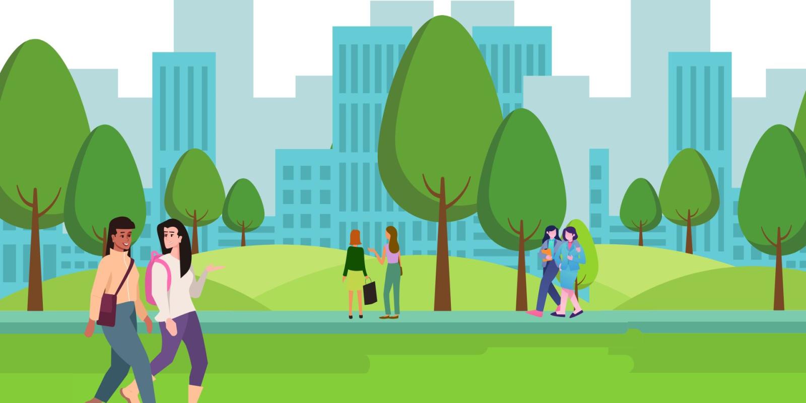 A graphic of women walking in a park in front of a city skyline.