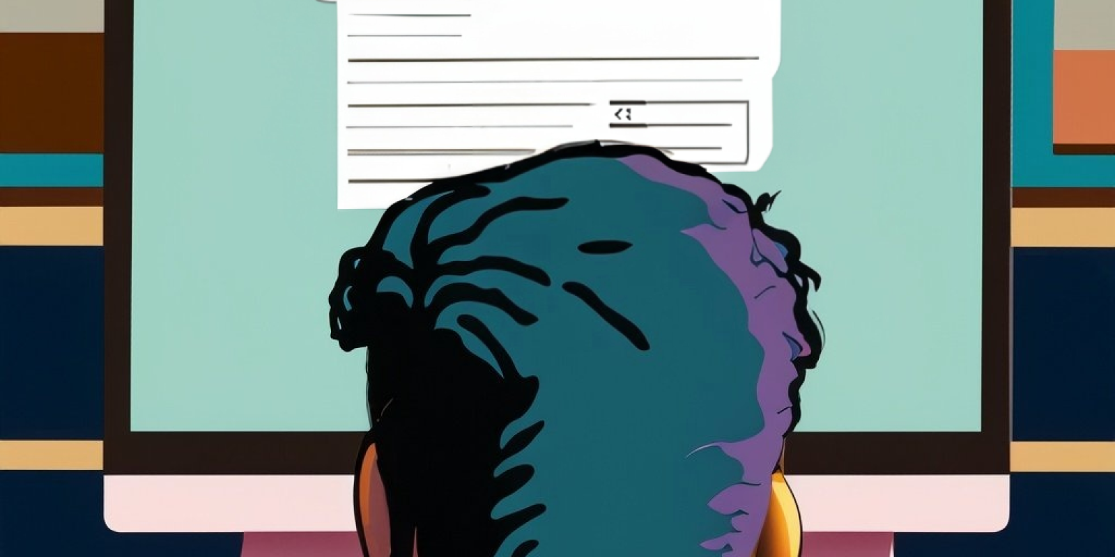 Colorful drawing of the back of a man's head as he stares at a computer screen with school work on it