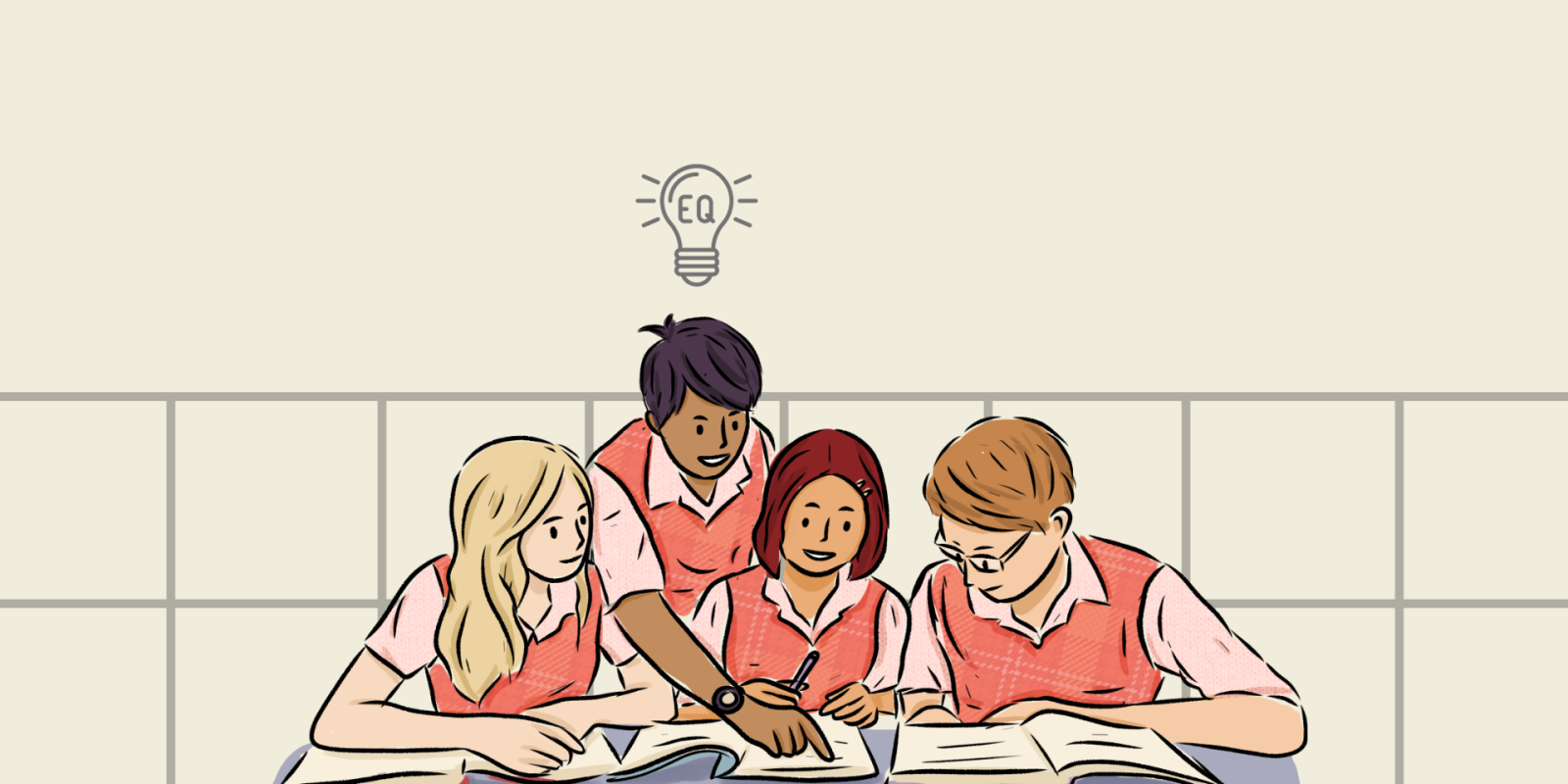 Cartoon of students working with a lightbulb above one of their heads that says "EQ"