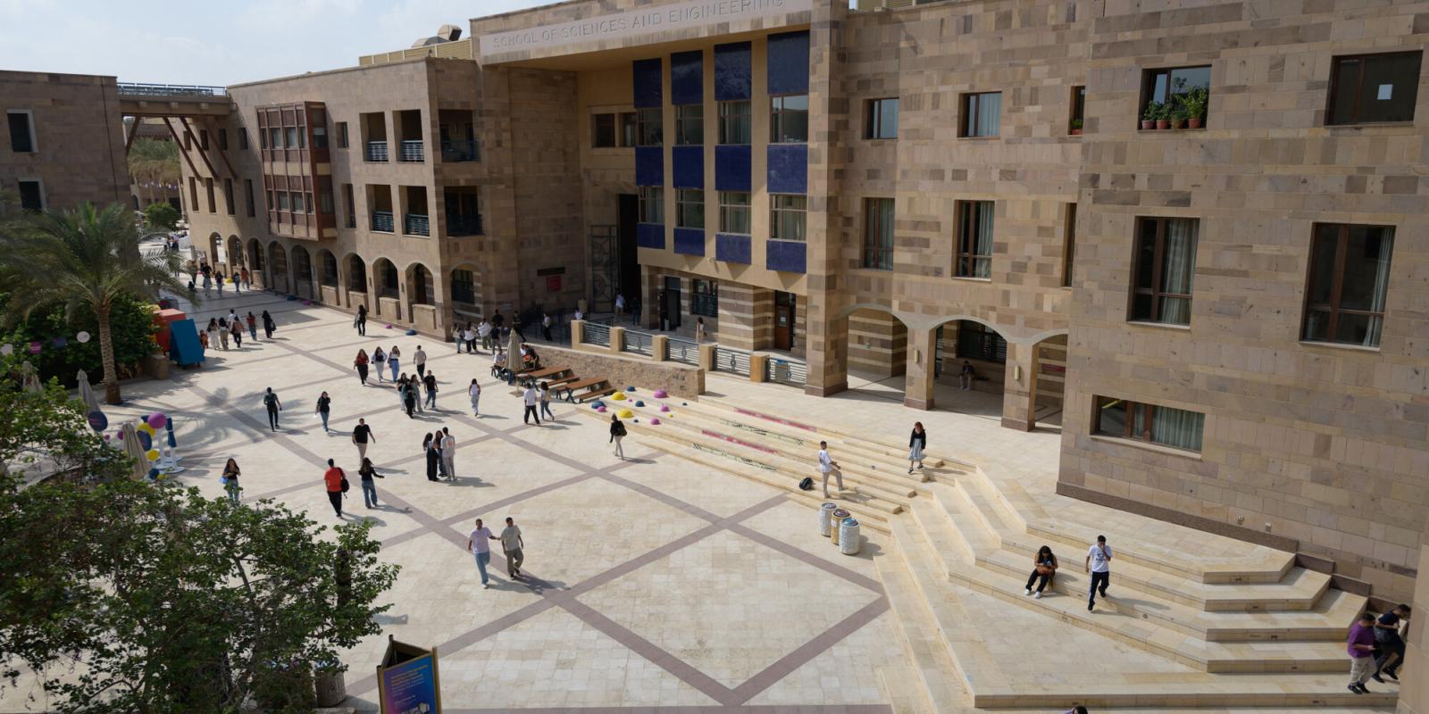 Top view of a building with people walking