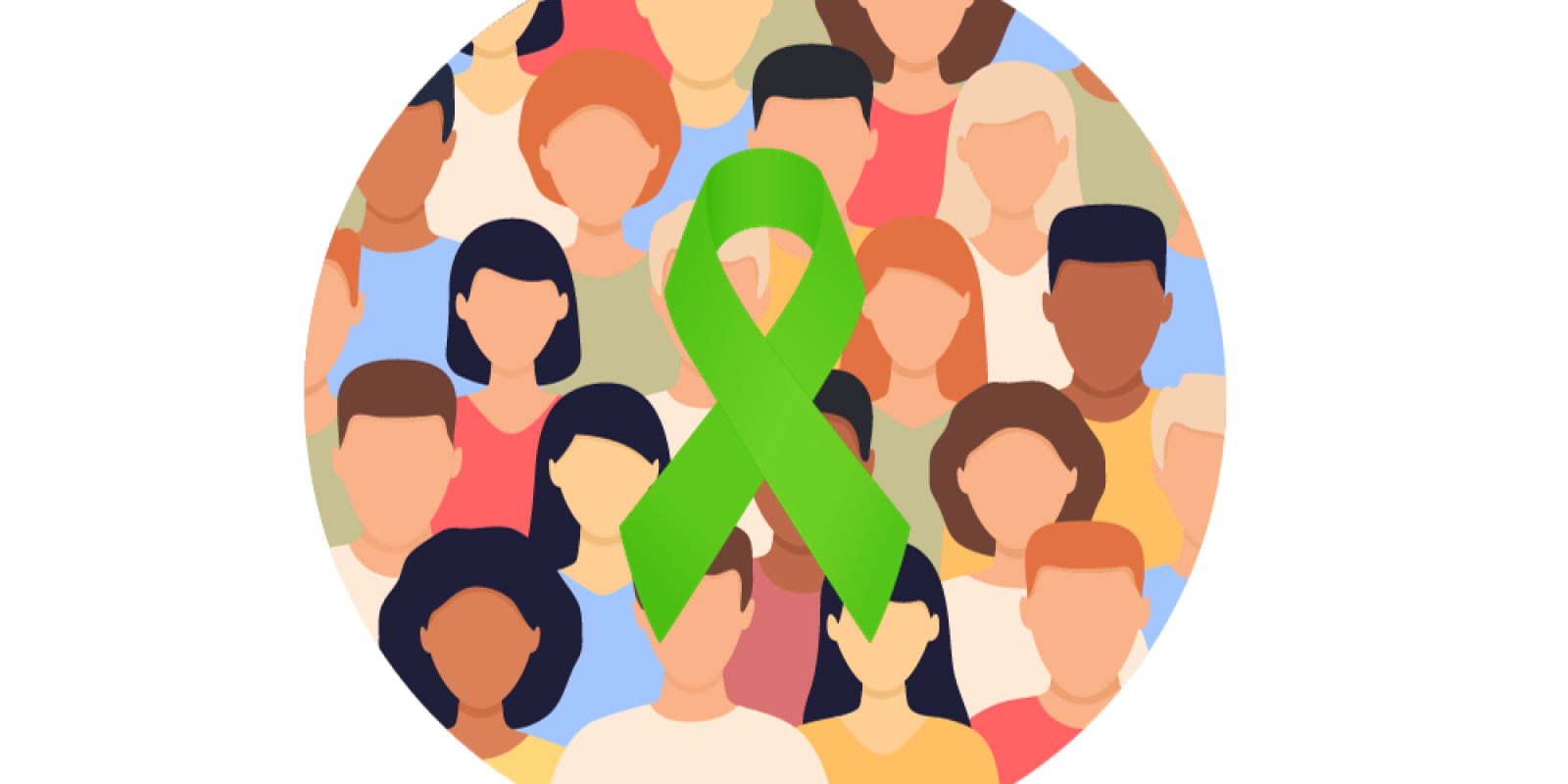 Graphic of a group of faces in a circle with a green ribbon over top
