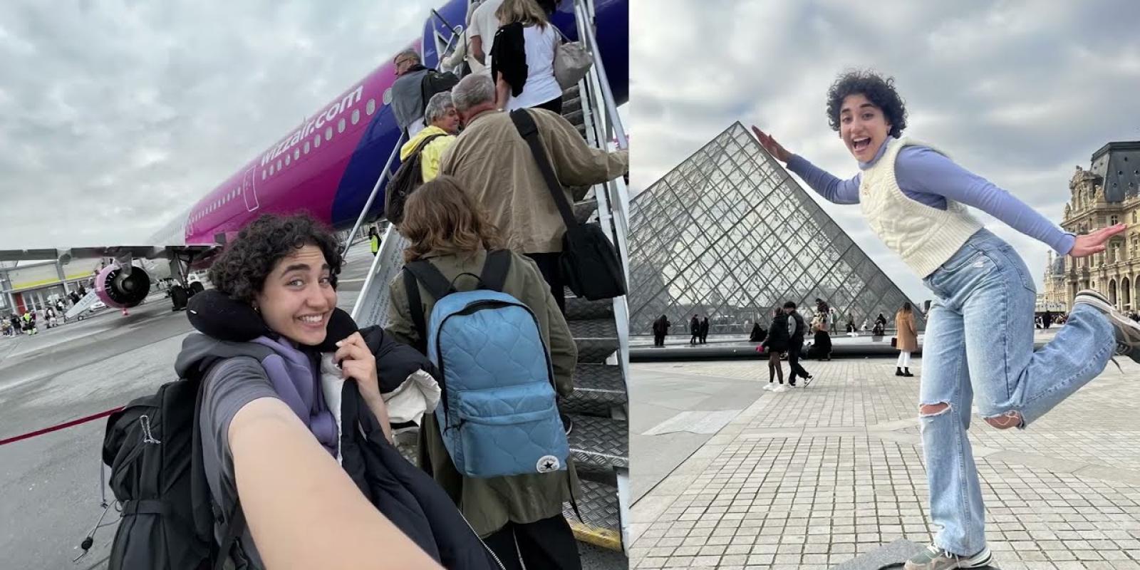 Female standing at the bottom of plane stairs in one photo and standing next to a glass pyramid in the second photo