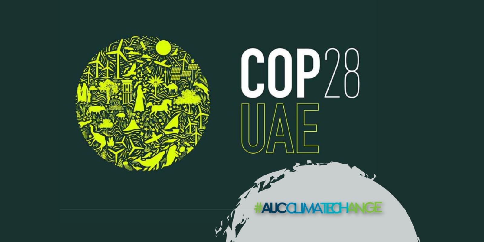 COP28 logo with green background featuring a large circle depicting animals, humans, and nature. AUC Climate Change initative logo in bottom right corner