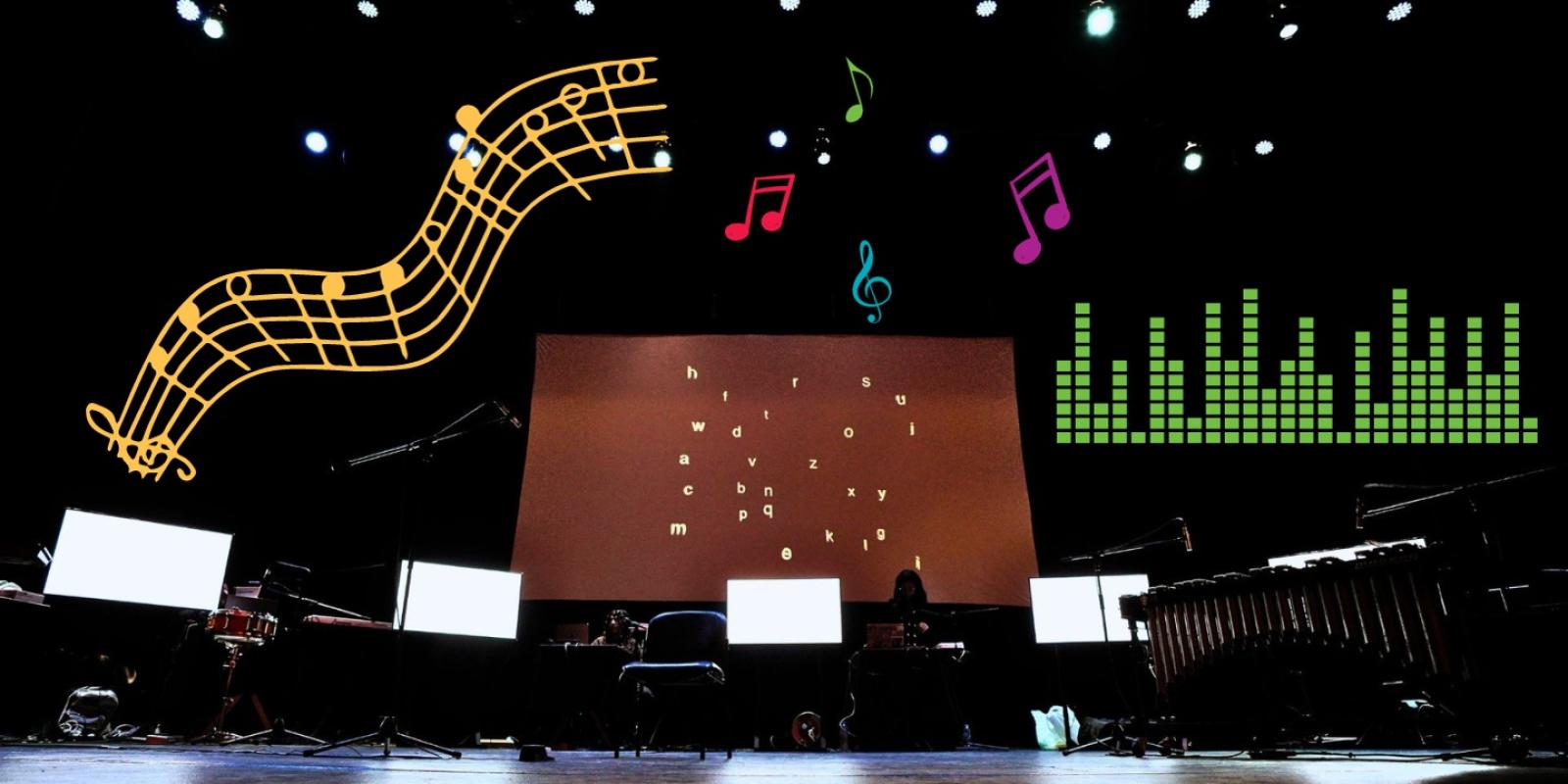 A stage with ultiple computer screens and a projected screen with assorted letters in white text, graphic overlayed shows musical notes in multiple different colors