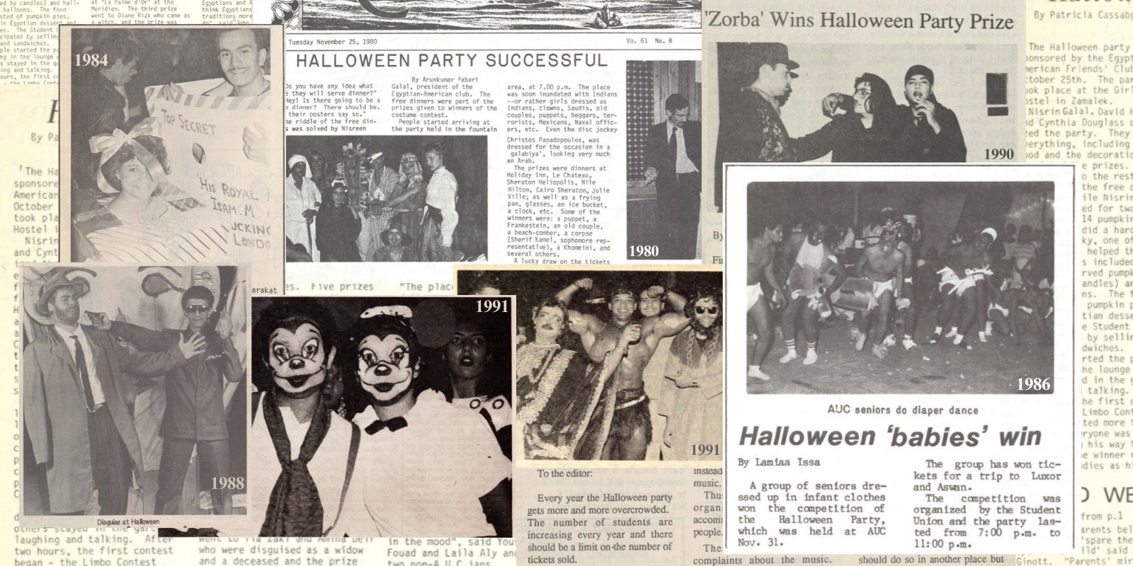 Collage of old Caravan newspaper clippings, including photos of students in costumes and snippets of text.