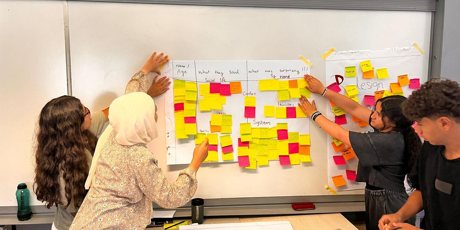 Students gathered on a board full of post-it notes with ideas