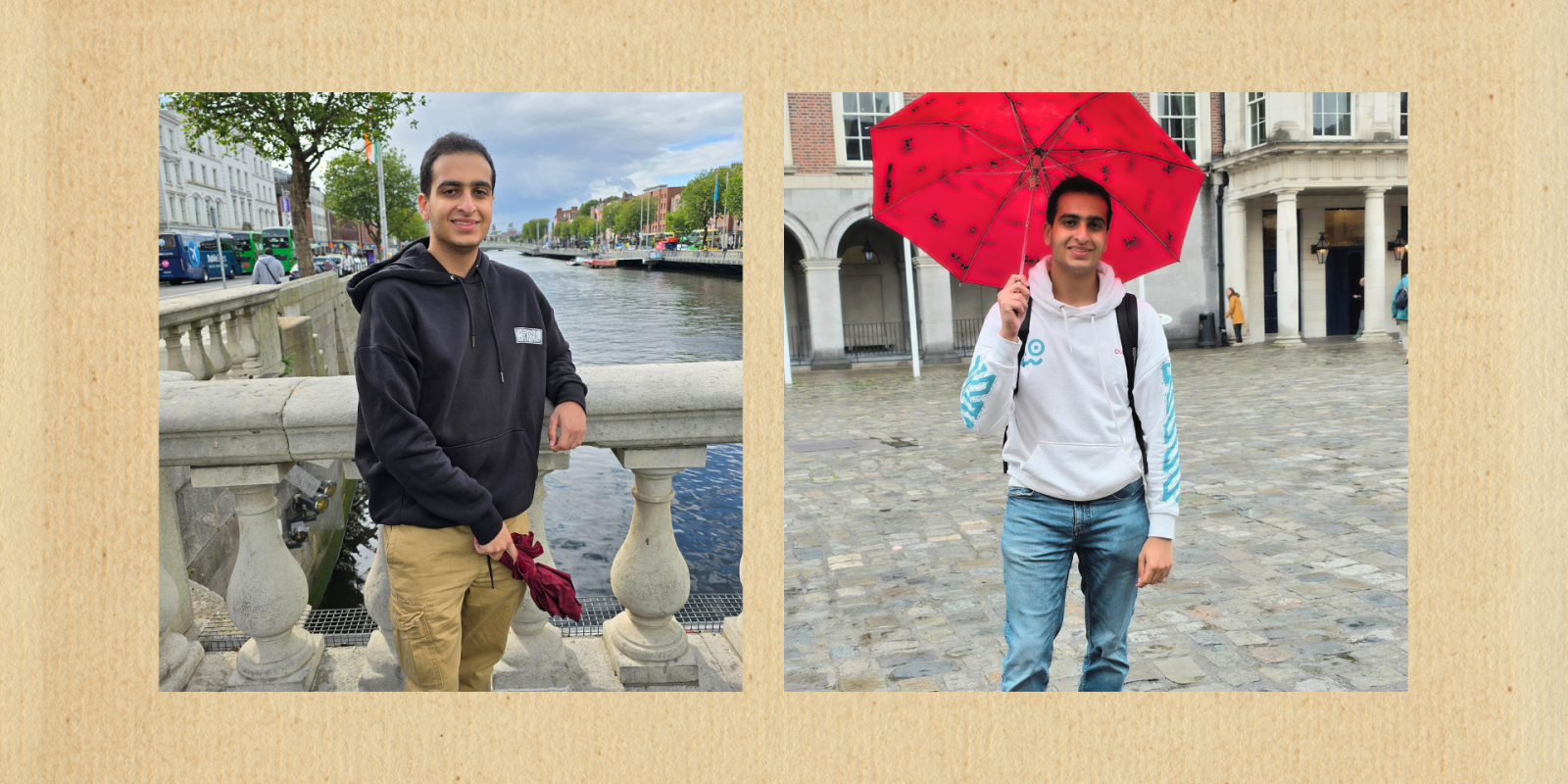 Two images of El Ansary in Dublin; in one, he is smiling on a bridge overlooking a river; in the other, he is holding a red umbrella in a charming cobblestone street 
