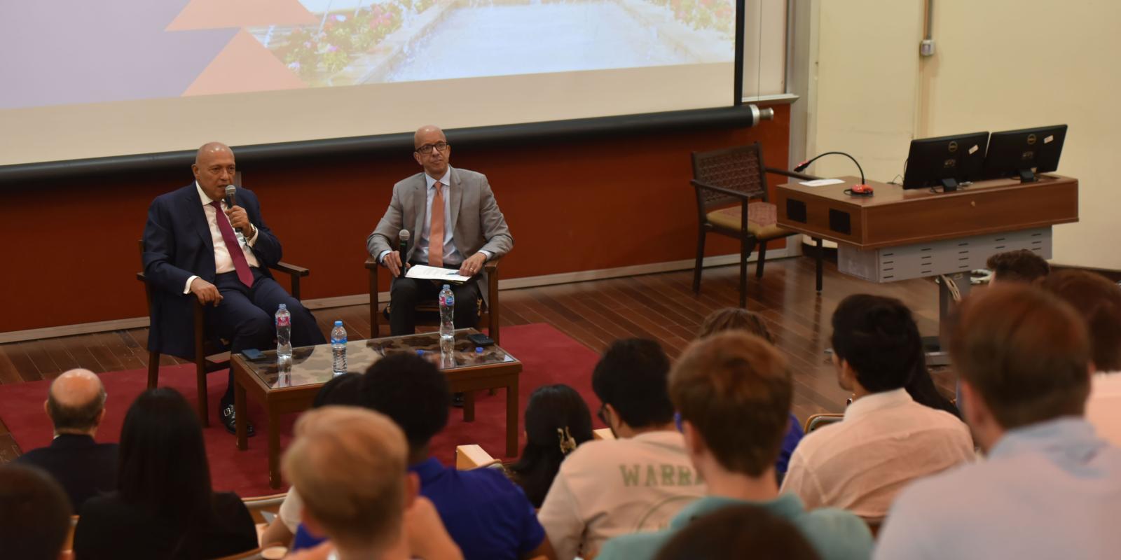Egypt's Former Foreign Minister Sameh Shoukry addresses students of Harvard School of Business and Onsi Sawiris School of Business at a session in AUC New Cairo Campus
