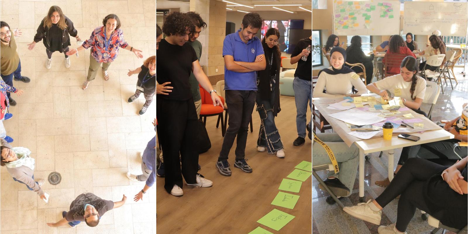 a collage of three pictures showing students at a design thinking workshop
