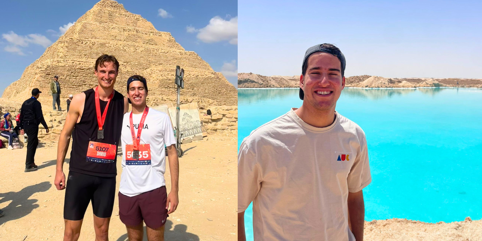 Two images in a collage: First, Allan Feldman stands alongside another student wearing numbers around their neck at a race or marathon (running event) with a Saqqara pyramid in the background; Allan Feldman smiles in an AUC-branded t-shirt in the sun, in front of a turquoise blue salt lake